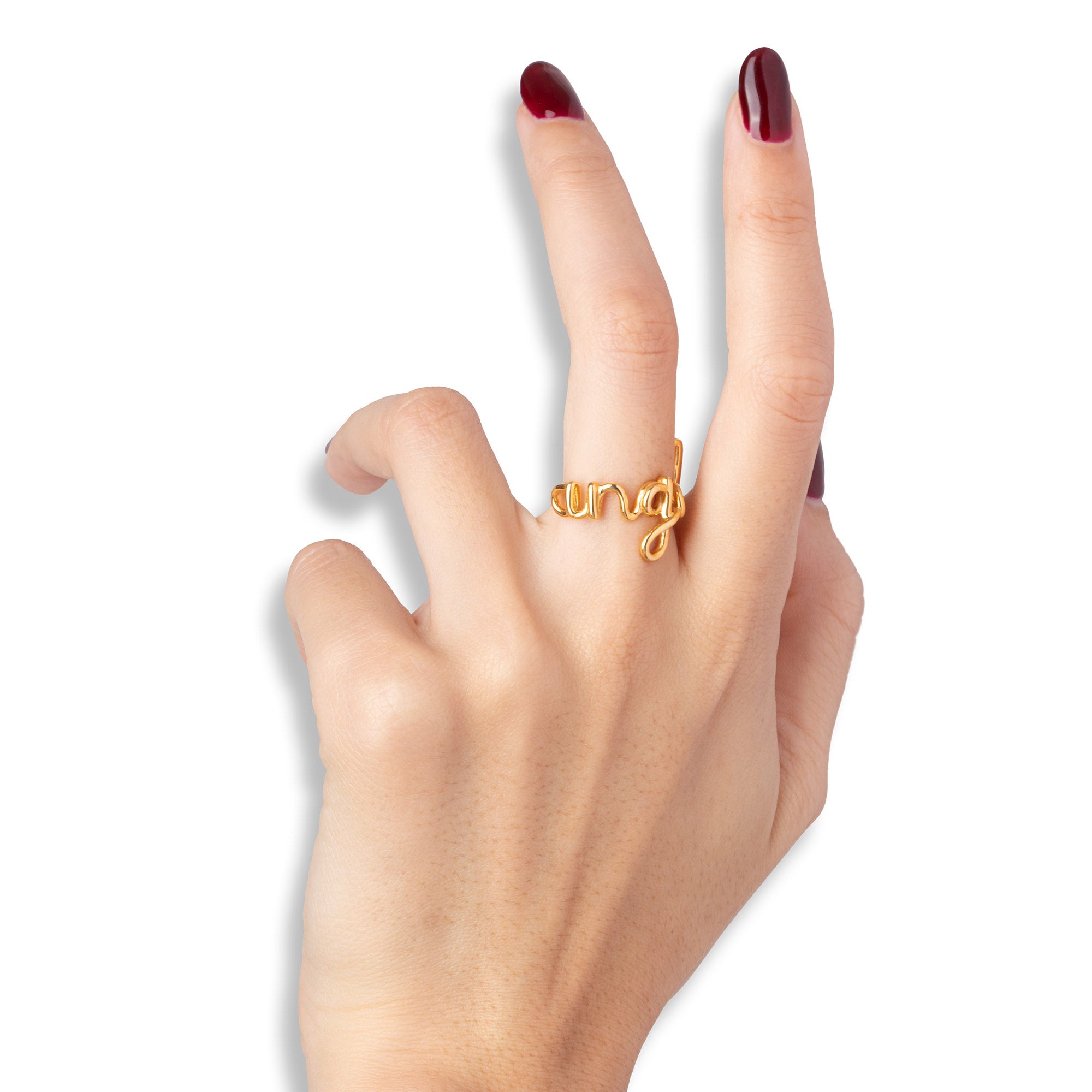 Angel Hotscripts word wire ring by Hotlips by Solange in gold plated silver on model