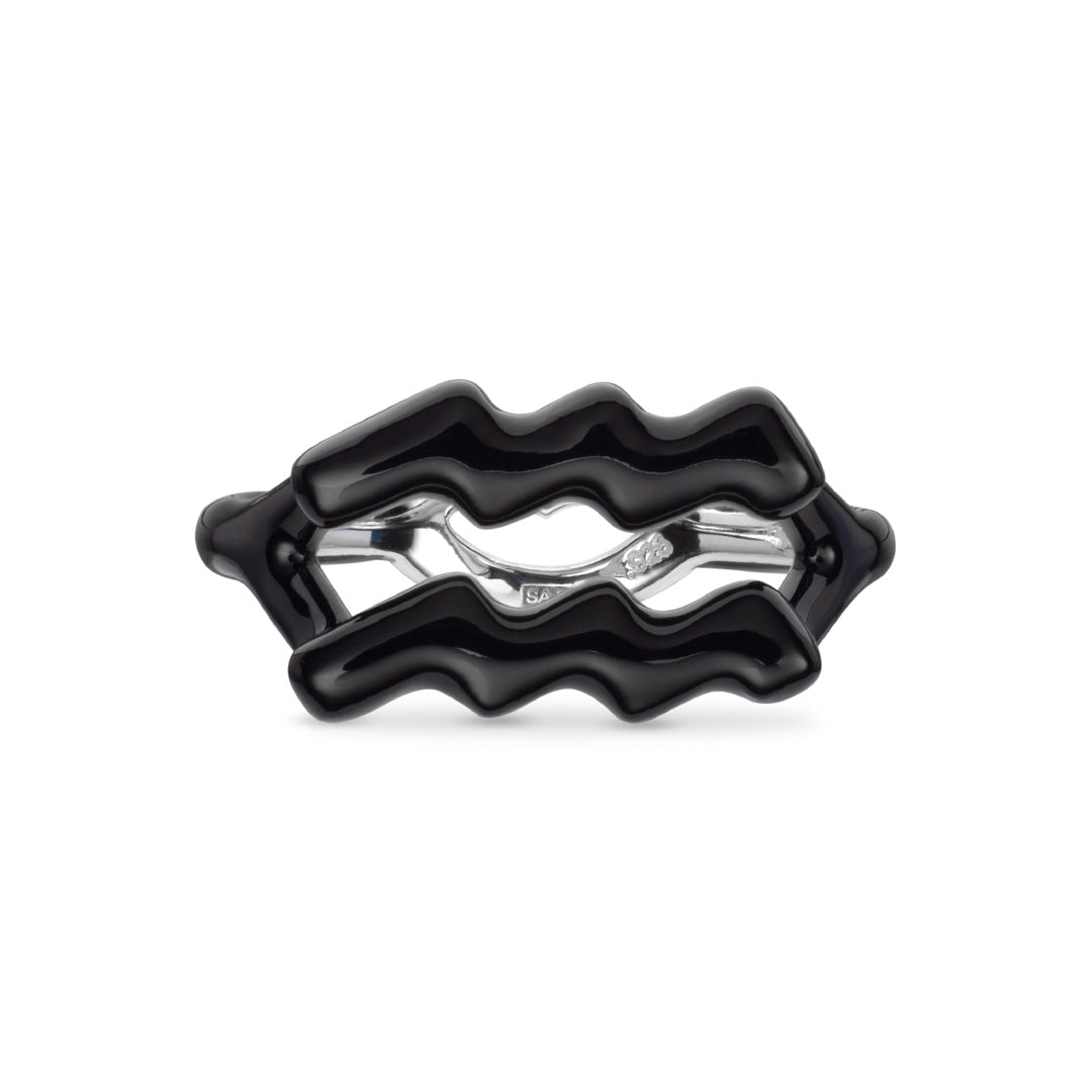 Aquarius Zodiac Hotglyph Ring black enamel and silver by Solange Azagury-Partridge front view