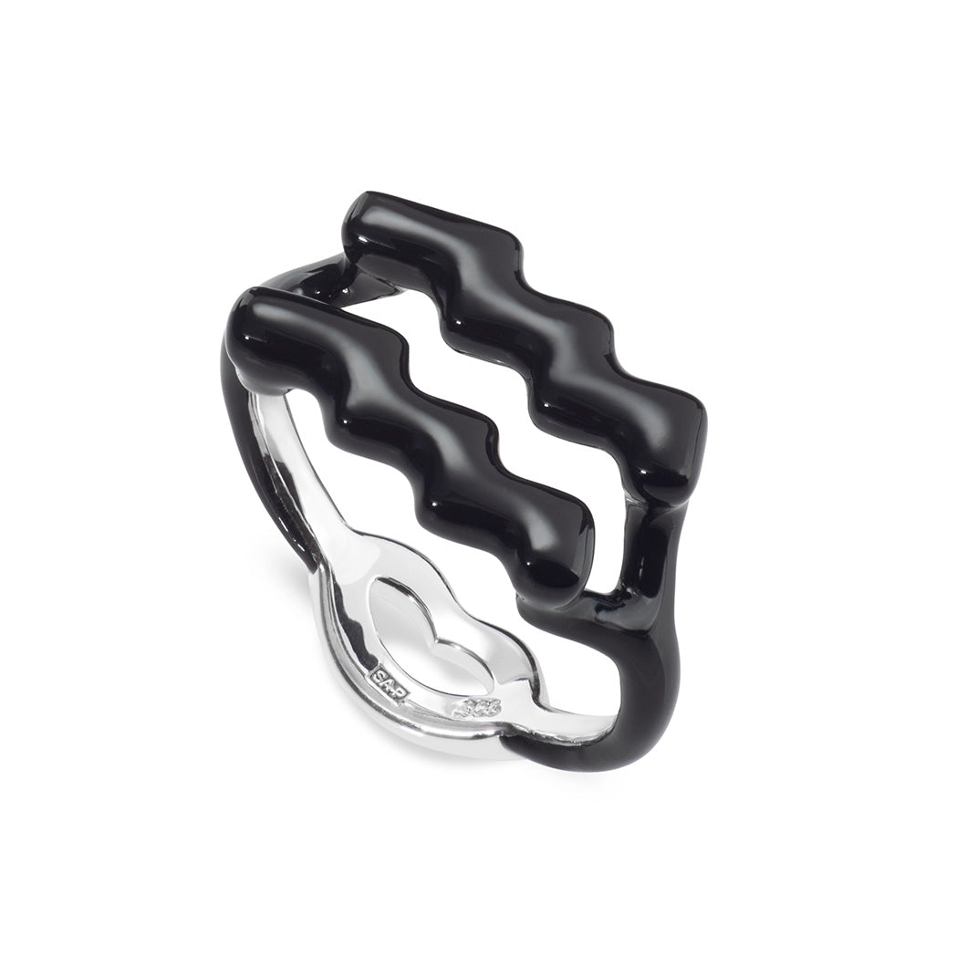 Aquarius Zodiac Hotglyph Ring black enamel and silver by Solange Azagury-Partridge angled view