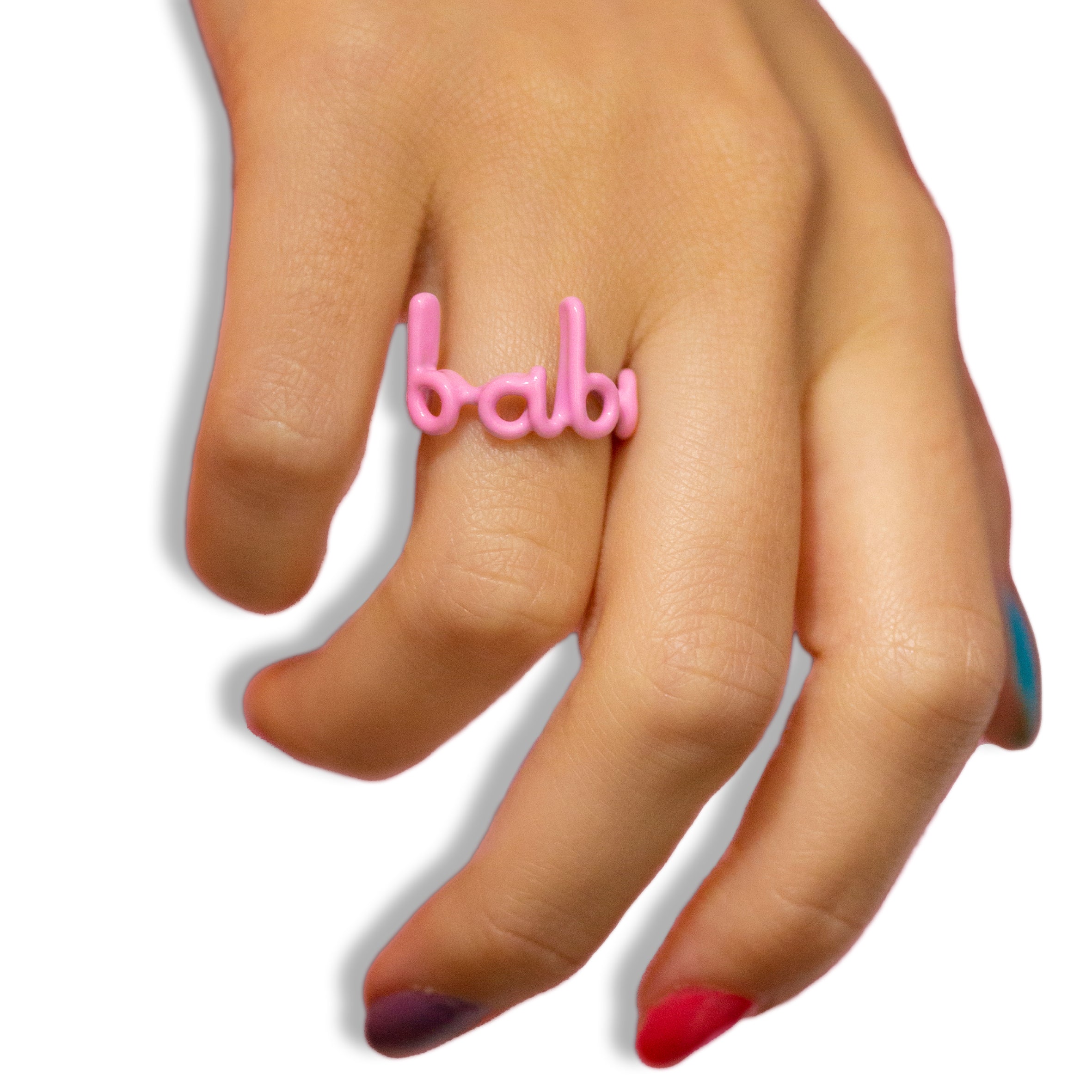 Babe Hotscripts silver and pink enamel ring on hand