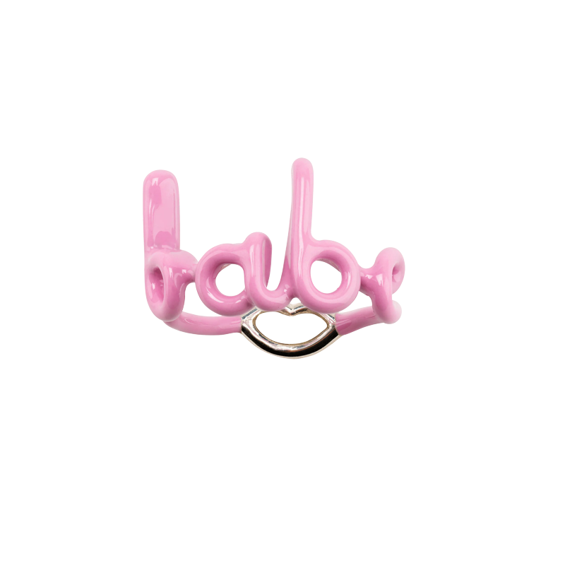 Babe Hotscripts silver and pink enamel ring front view