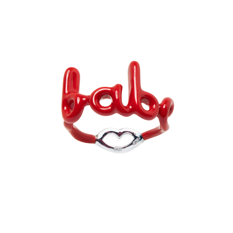 Babe Hotscripts silver and classic red enamel ring front view