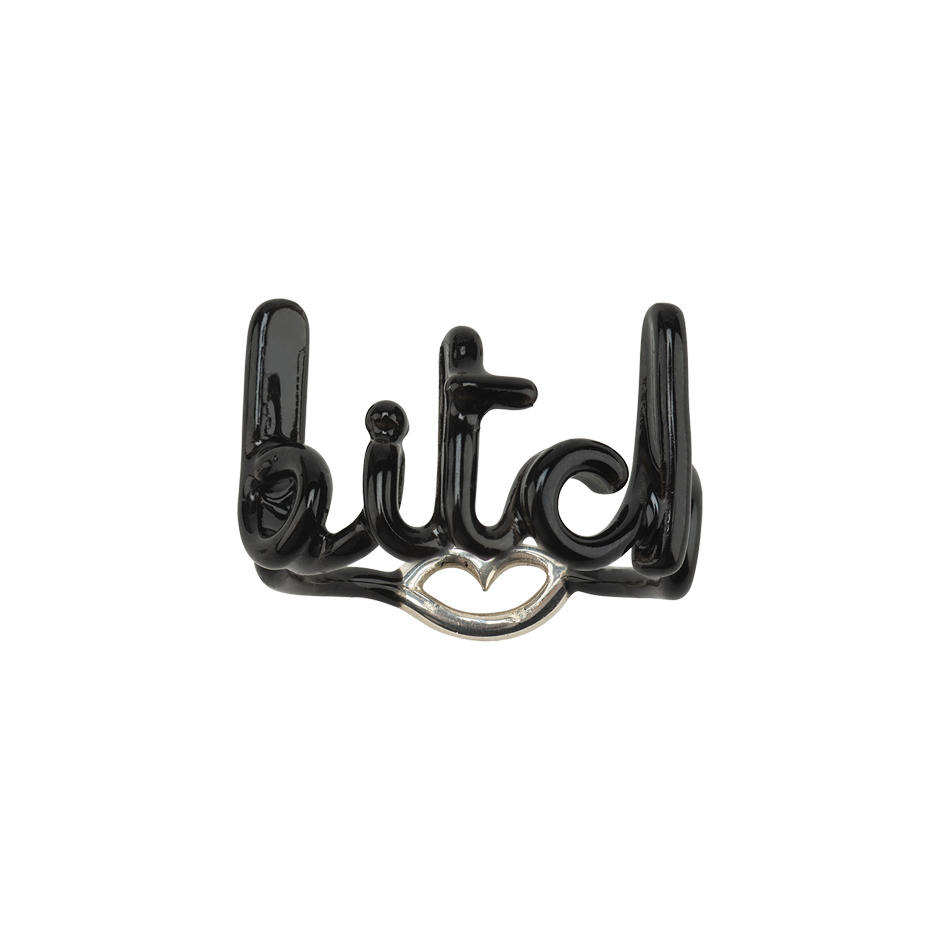 Bitch silver and enamel Hotscripts ring front view