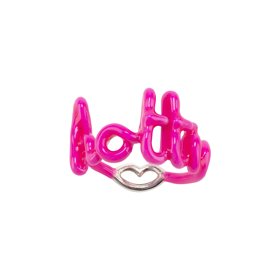 Hottie Hotscripts Ring in neon pink enamel front view