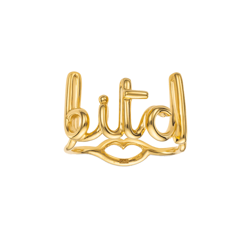Bitch Hotscripts word wire ring by Hotlips by Solange in gold plated silver front view