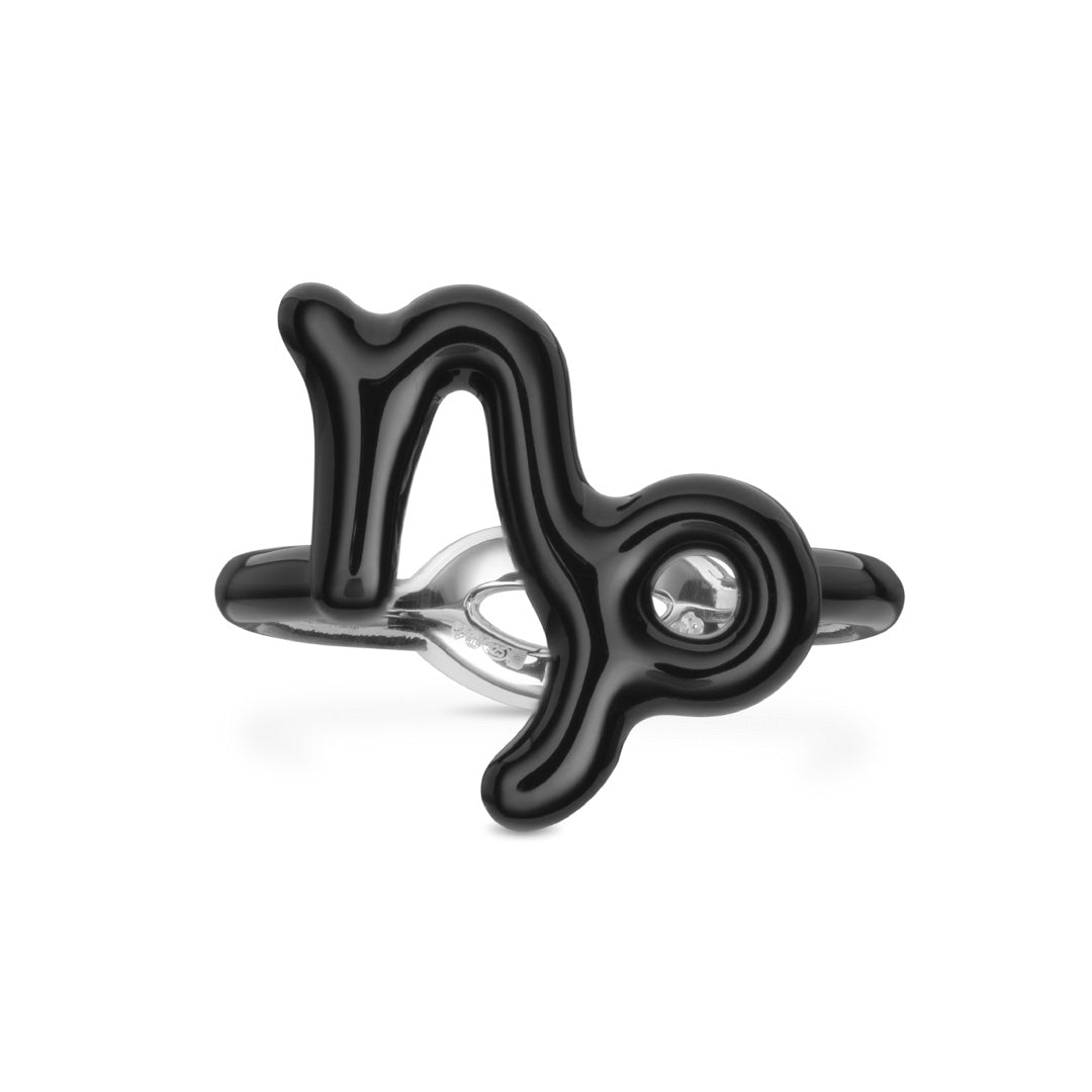 Capricorn Zodiac Hotglyph Ring black enamel and silver by Solange Azagury-Partridge front view