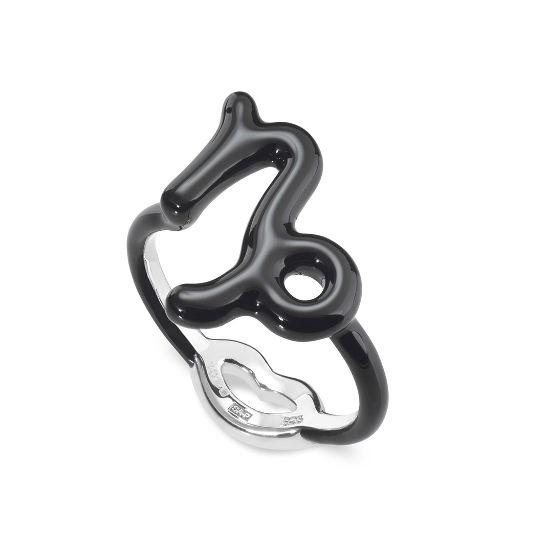 Capricorn Zodiac Hotglyph Ring black enamel and silver by Solange Azagury-Partridge angled view
