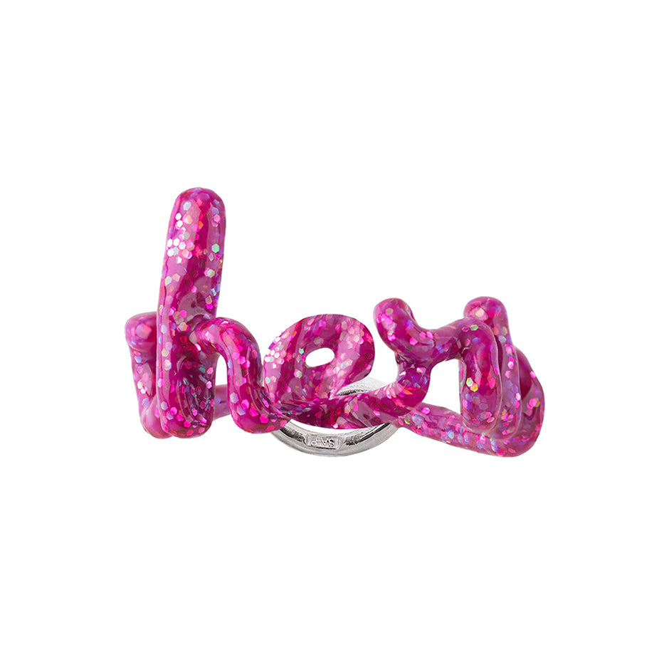 Cherie Hotscripts word ring in glitter pink enamel front view