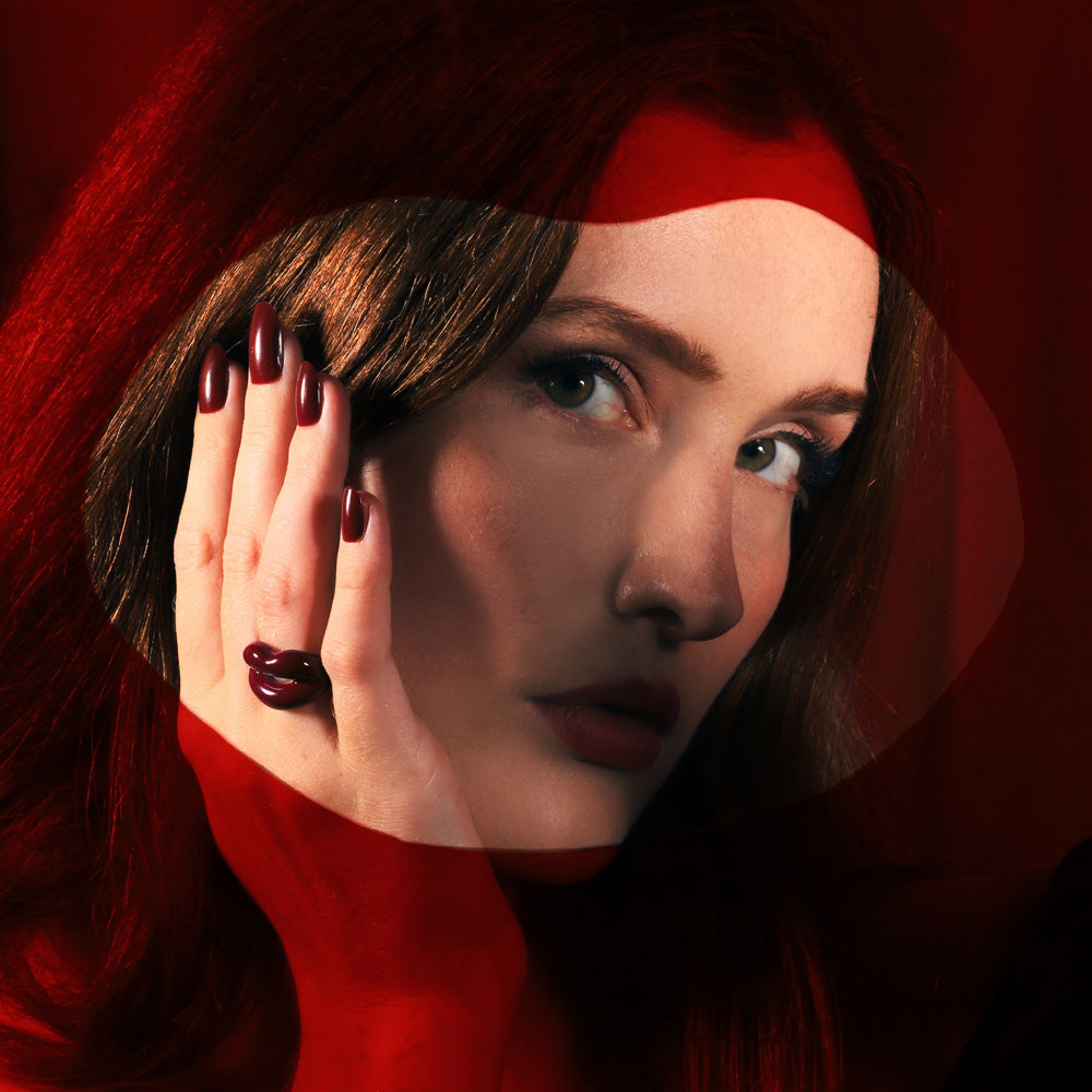 Hotlips by Solange Deep Red Silver and Enamel Lip Shaped Ring By Solange Azagury-Partridge On Model with lip shaped cut out