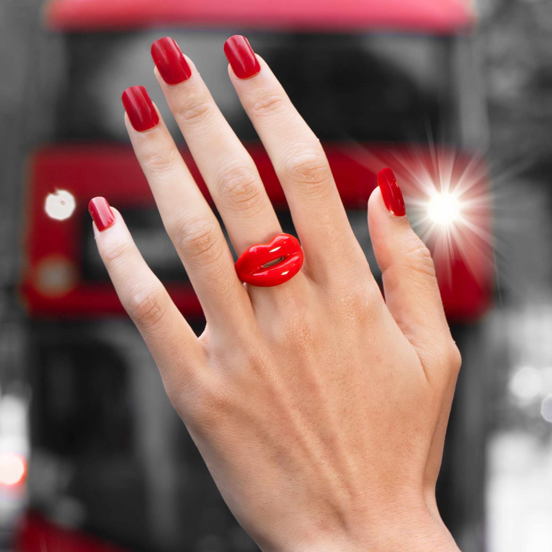 Hotlips By Solange Double Decker Hotlips Lip shaped silver and Enamel ring front view by Solange Azagury-Partridge on model