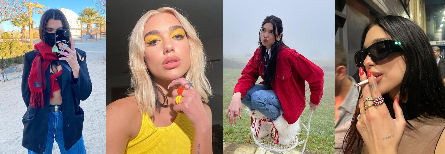 dua lipa collage with lip jewellery