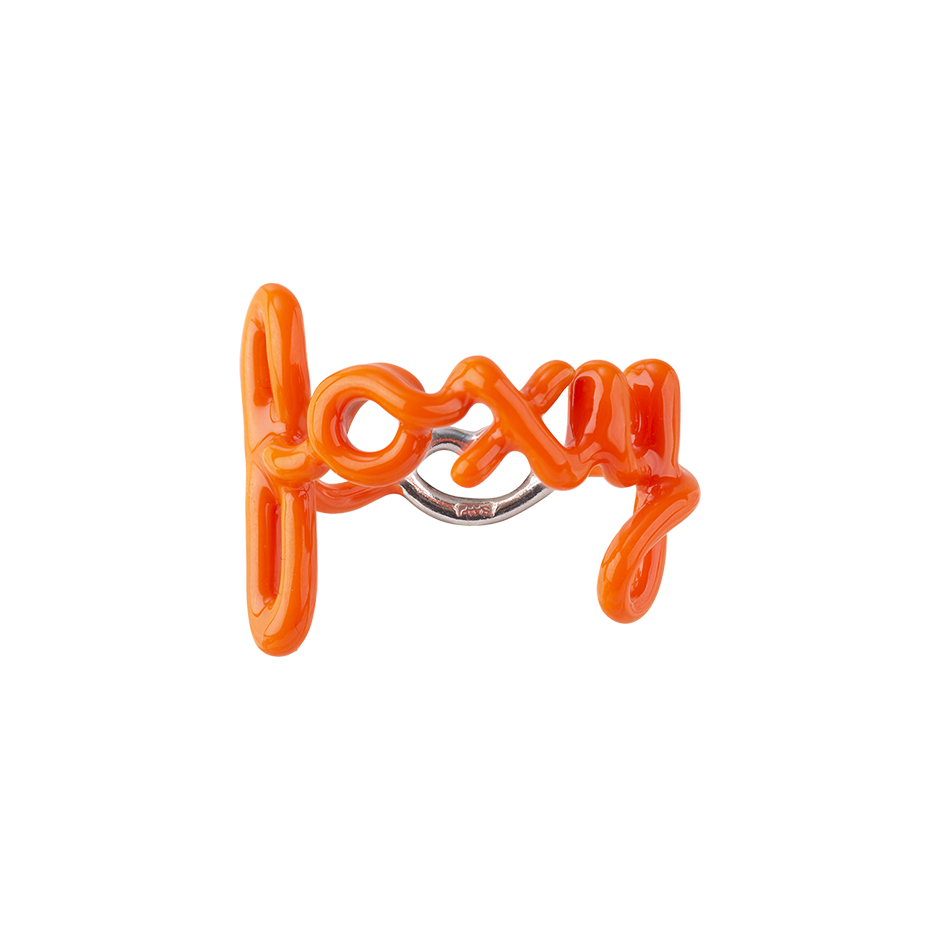 Foxy Neon Orange word Hotscripts ring by Solange front view