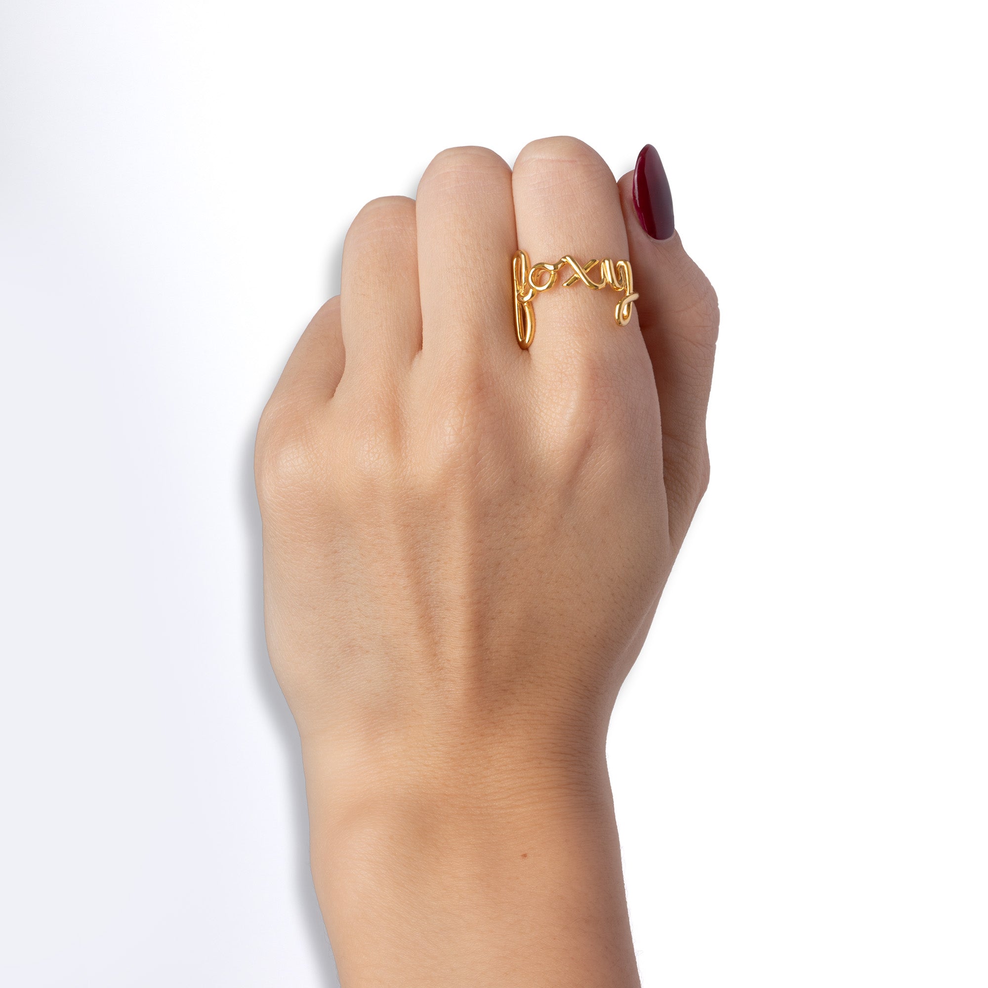 Freak Hotscripts word wire ring by Hotlips by Solange in gold plated silver on model