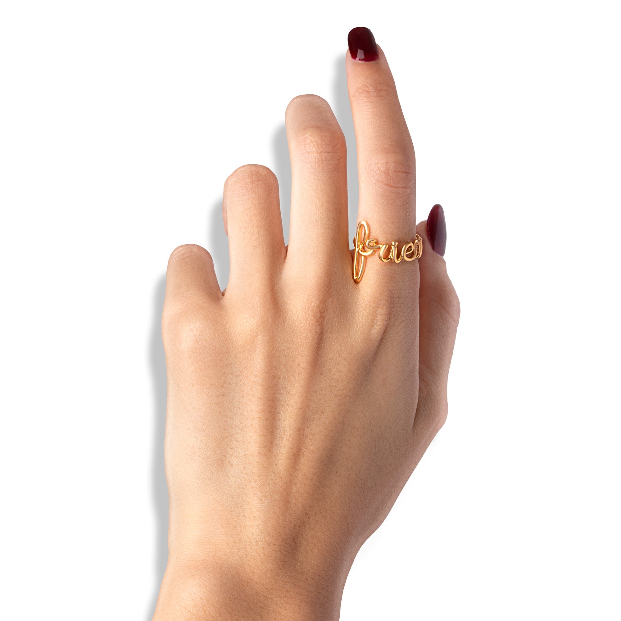 Friend Hotscripts word wire ring by Hotlips by Solange in gold plated silver on model