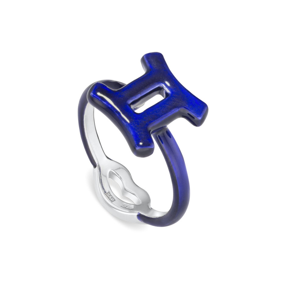 Gemini Zodiac Hotglyph Ring Midnight Blue enamel and silver angled view