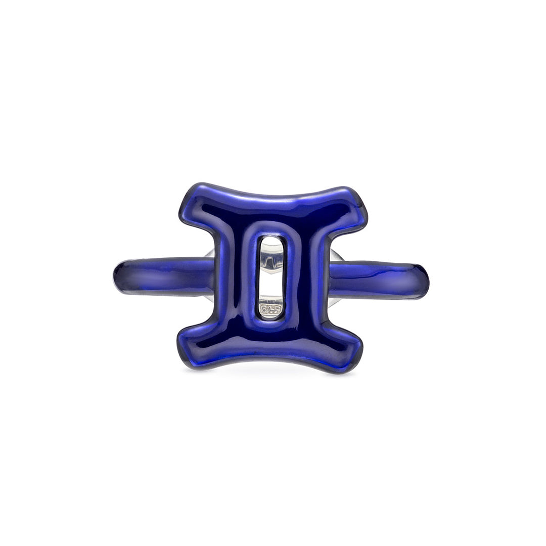 Gemini Zodiac Hotglyph Ring Midnight Blue enamel and silver front view