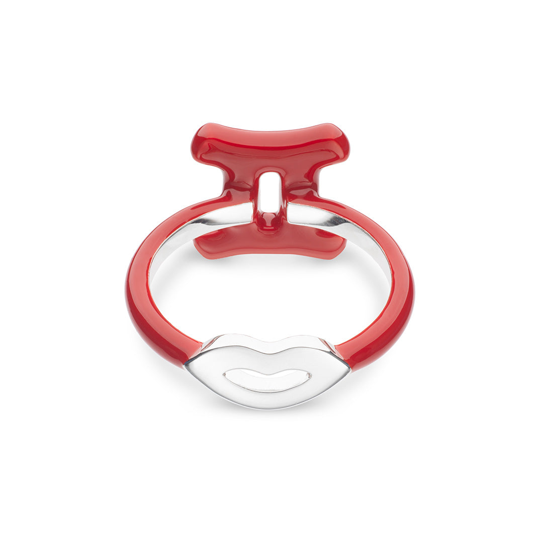 Gemini Zodiac Hotglyph Ring Classic Red enamel and silver by Solange Azagury-Partridge back view