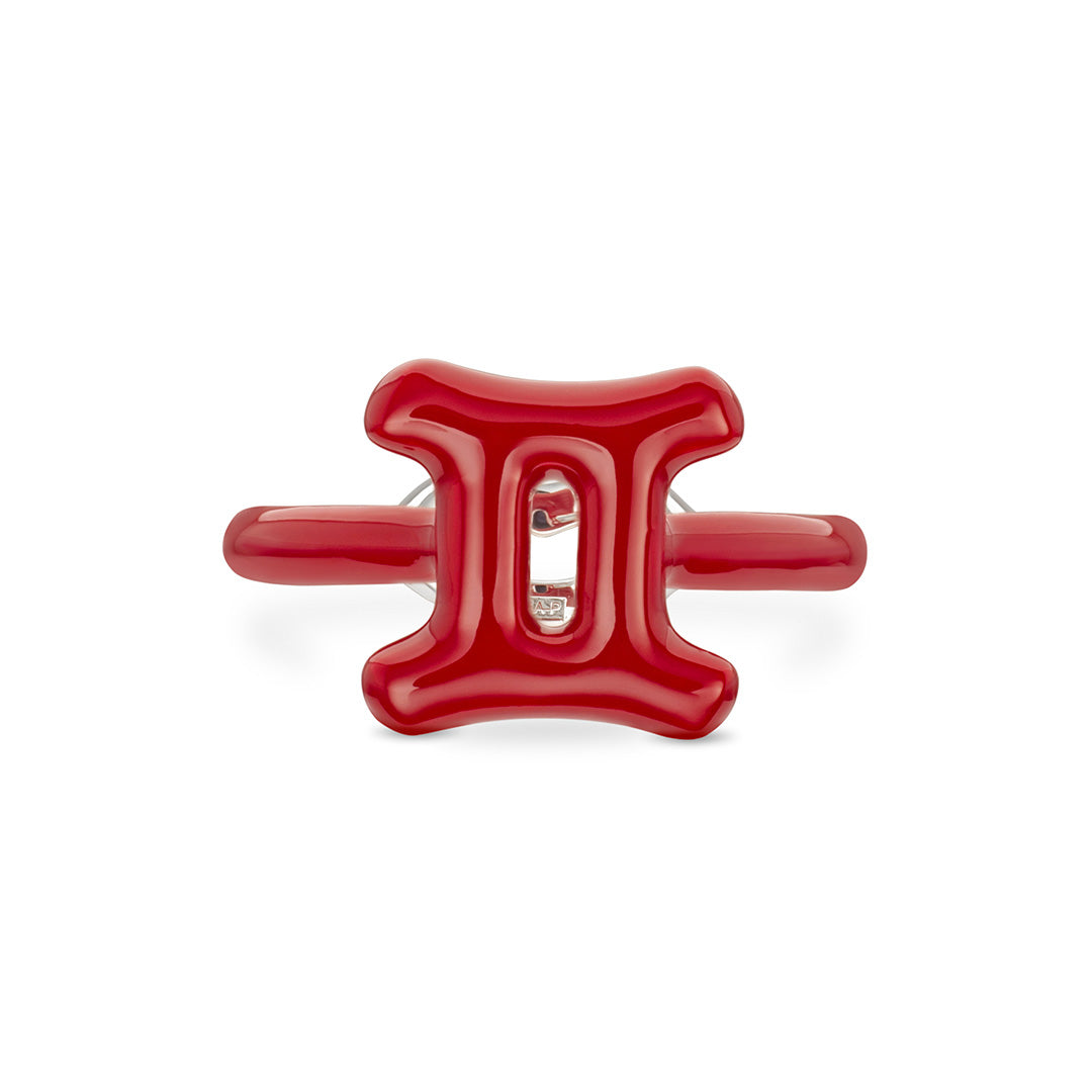 Gemini Zodiac Hotglyph Ring Classic Red enamel and silver by Solange Azagury-Partridge front view