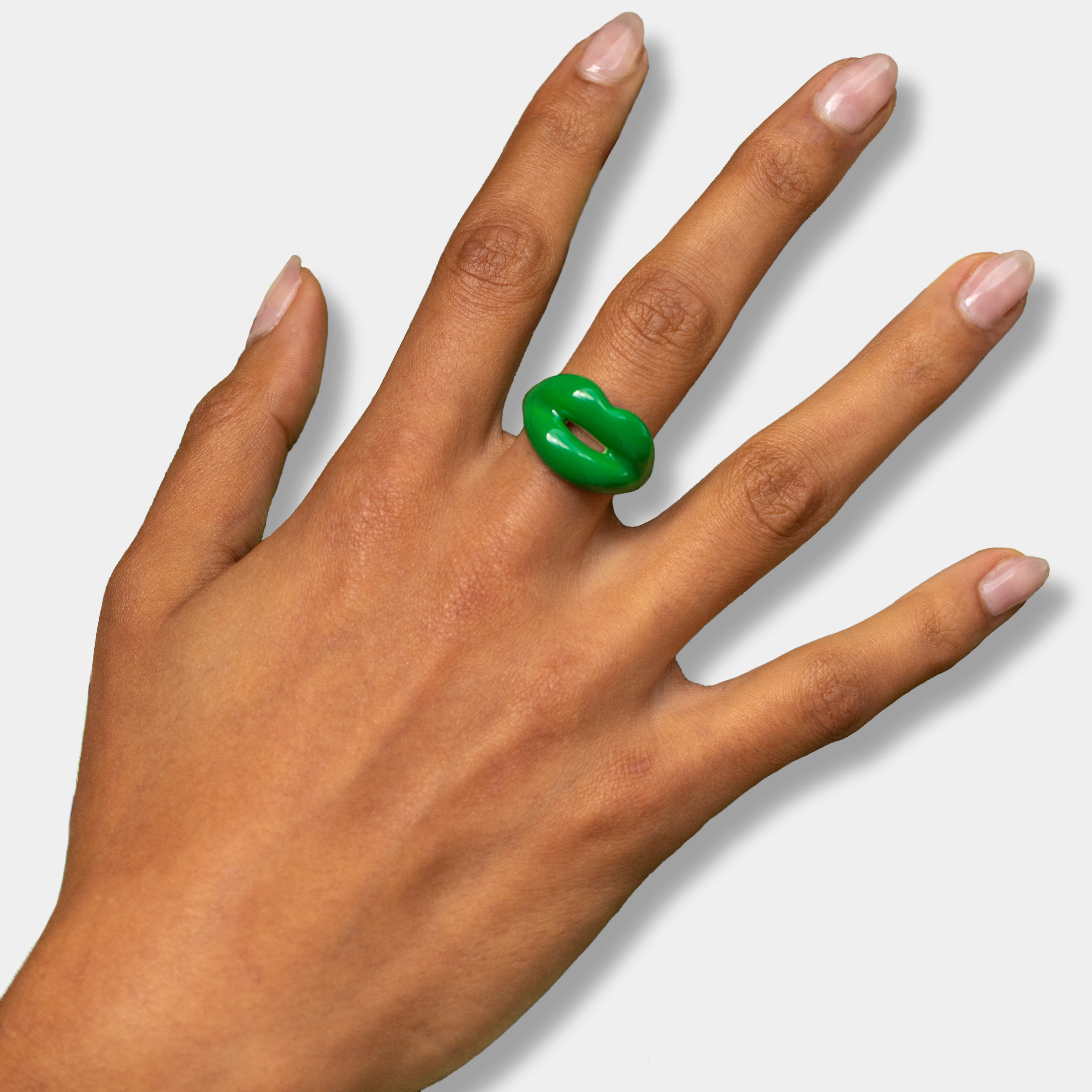 green Hotlips ring on model