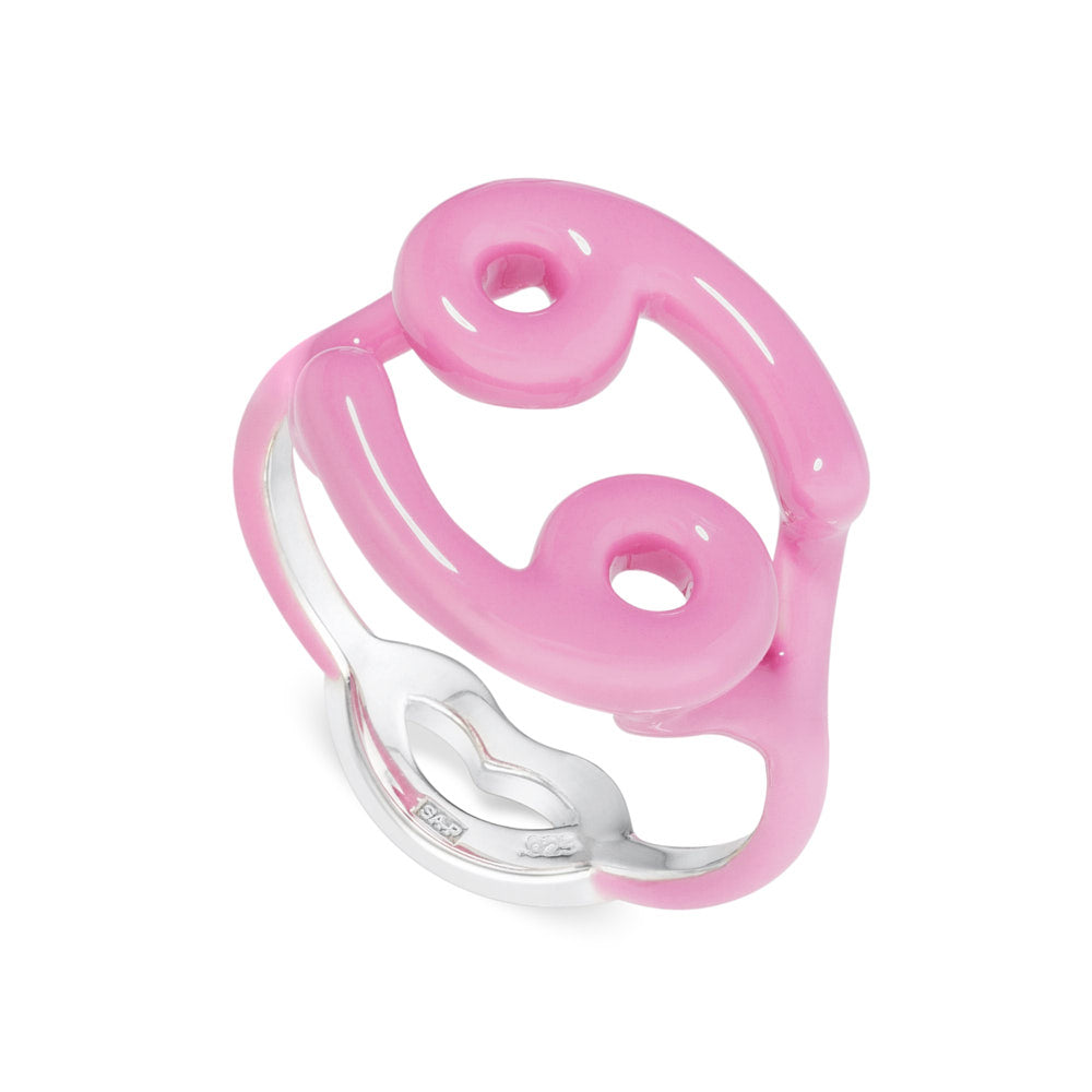 Cancer Zodiac Hotglyph Ring Bubblegum Pink enamel and silver by Solange Azagury-Partridge angled view