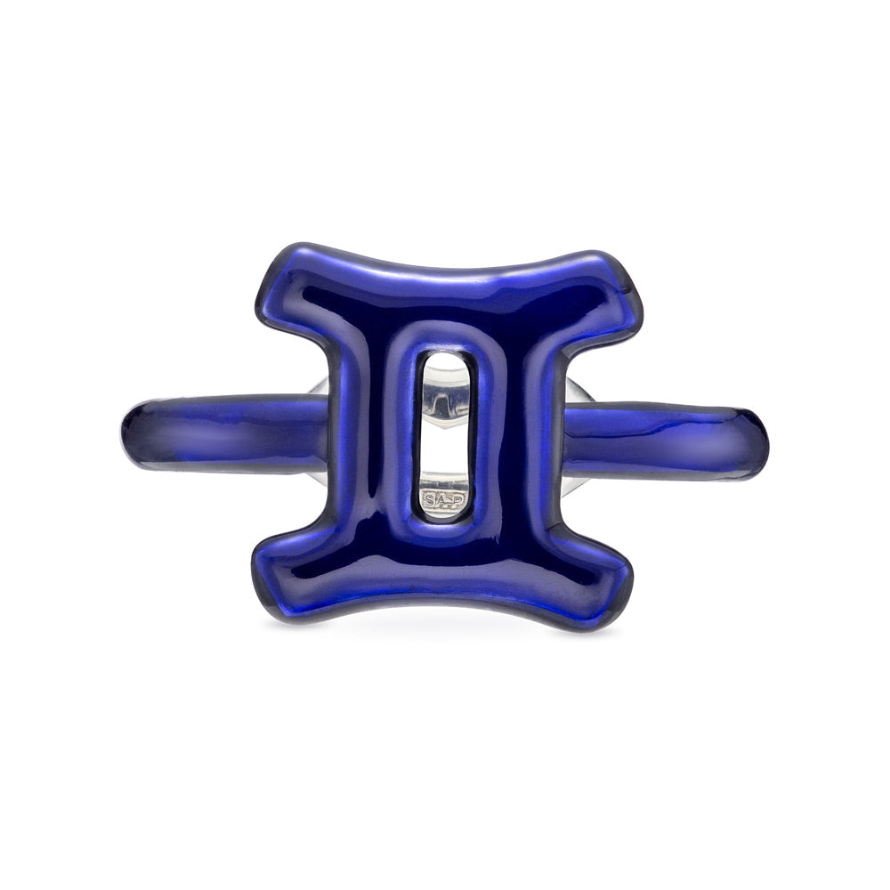 Gemini Zodiac Hotglyph Ring Midnight Blue enamel and silver front view