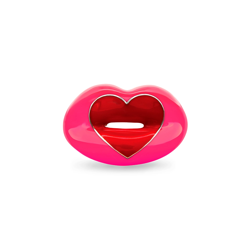 Loveheart Hotlips ring in neon pink by Solange front view