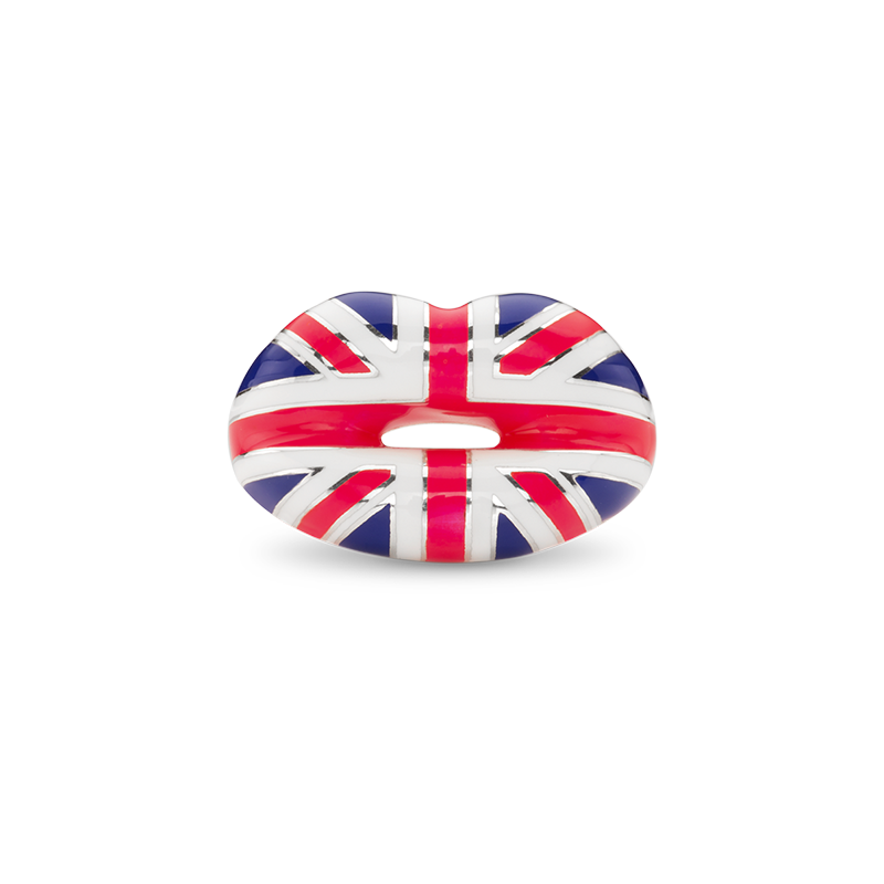 Hotlips By Solange Neon Union Jack Hotlips Lip shaped silver and Enamel ring front view by Solange Azagury-Partridge