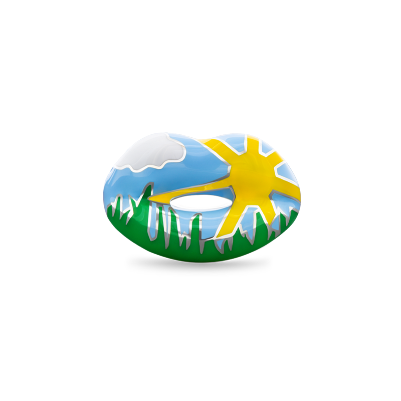 Summer Hotlips by Solange Enamel ring with sun cloud sky and grass front view