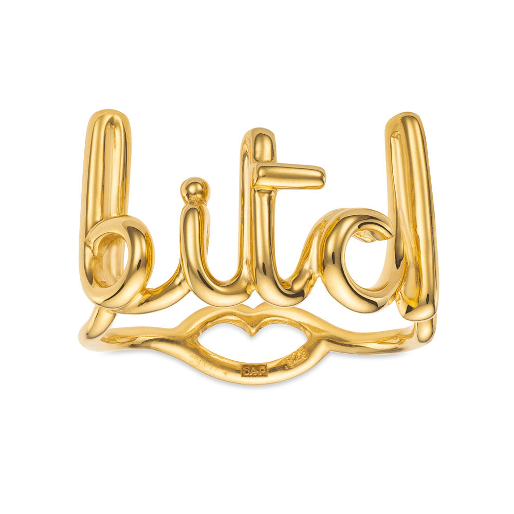 Bitch Hotscripts word wire ring by Hotlips by Solange in gold plated silver front view