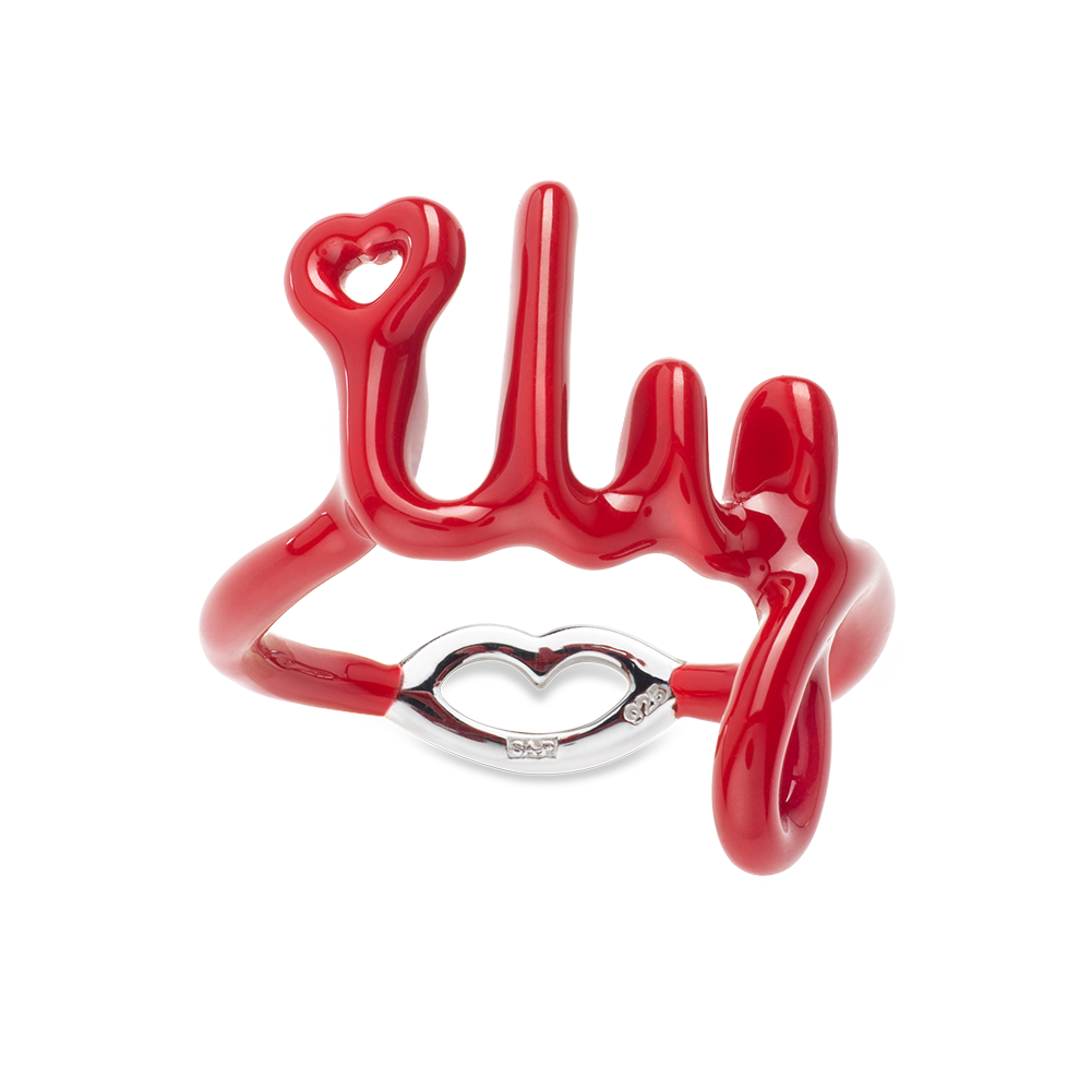 I Love You ILY written word ring in script made from red enamel on sterling silver by Hotlips by Solange front view