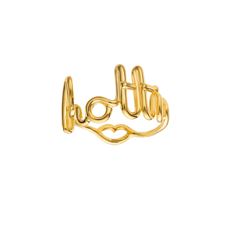 Hottie Cursive Word Hotscripts Ring in Gold Plated Silver Vermeil by Hotlips by Solange Front View