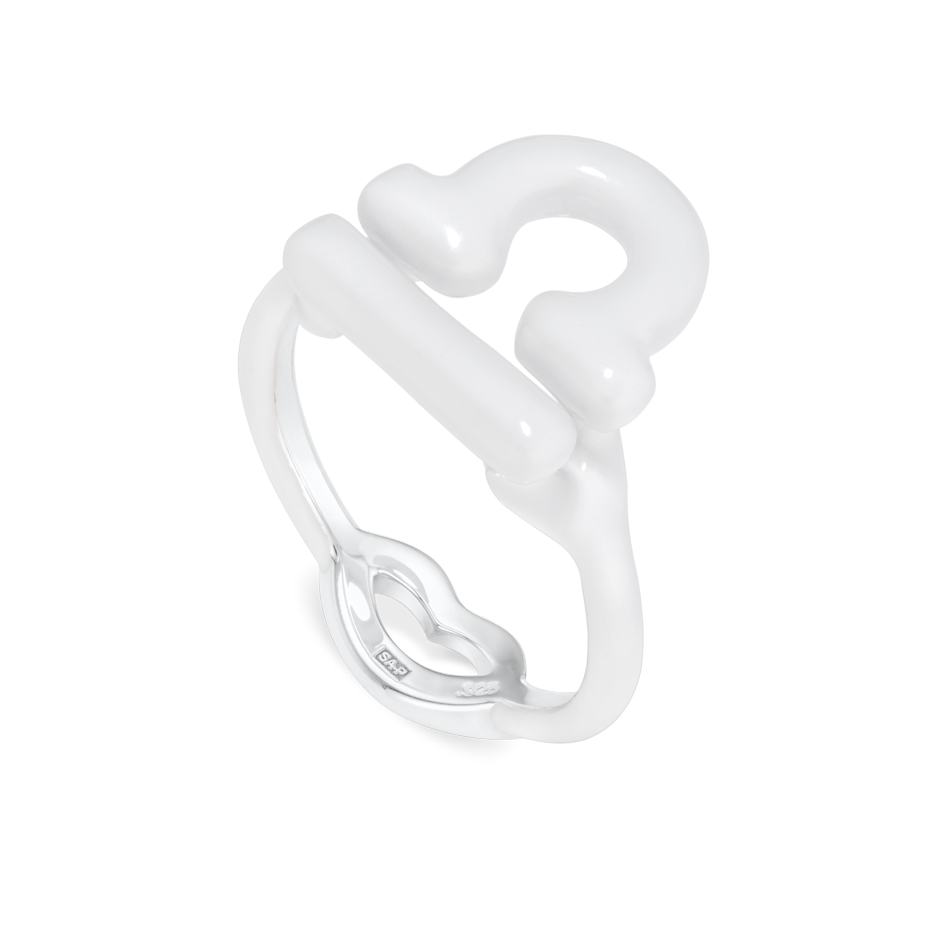 Libra Zodiac Hotglyph Ring white enamel and silver angled view