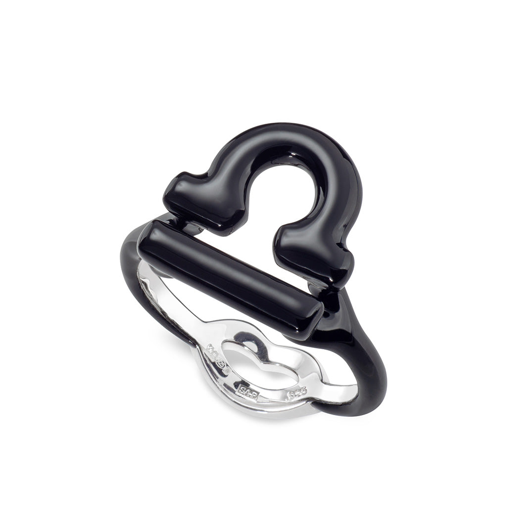Libra Zodiac Hotglyph Ring black enamel and silver by Solange Azagury-Partridge angled view
