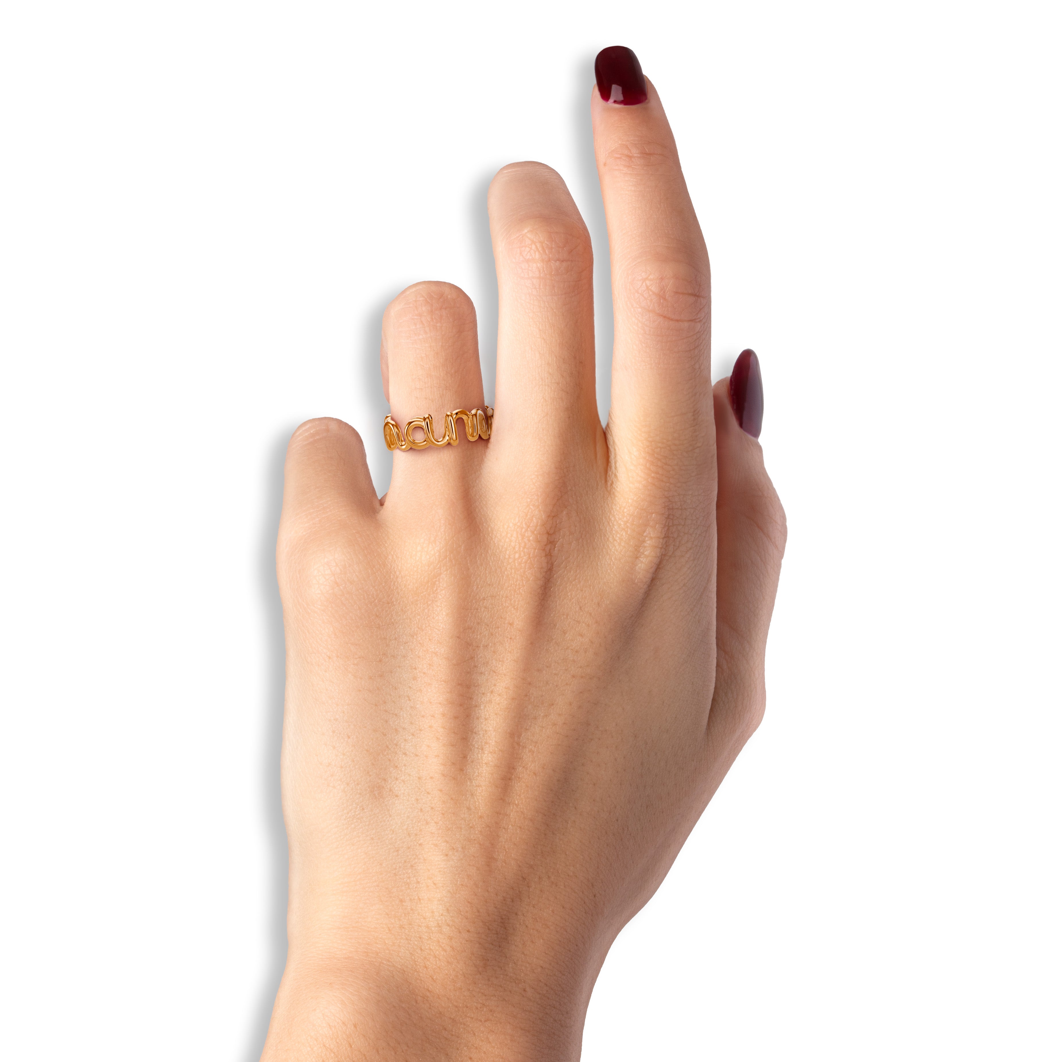 Mama Hotscripts word wire ring by Hotlips by Solange in gold plated silver on model