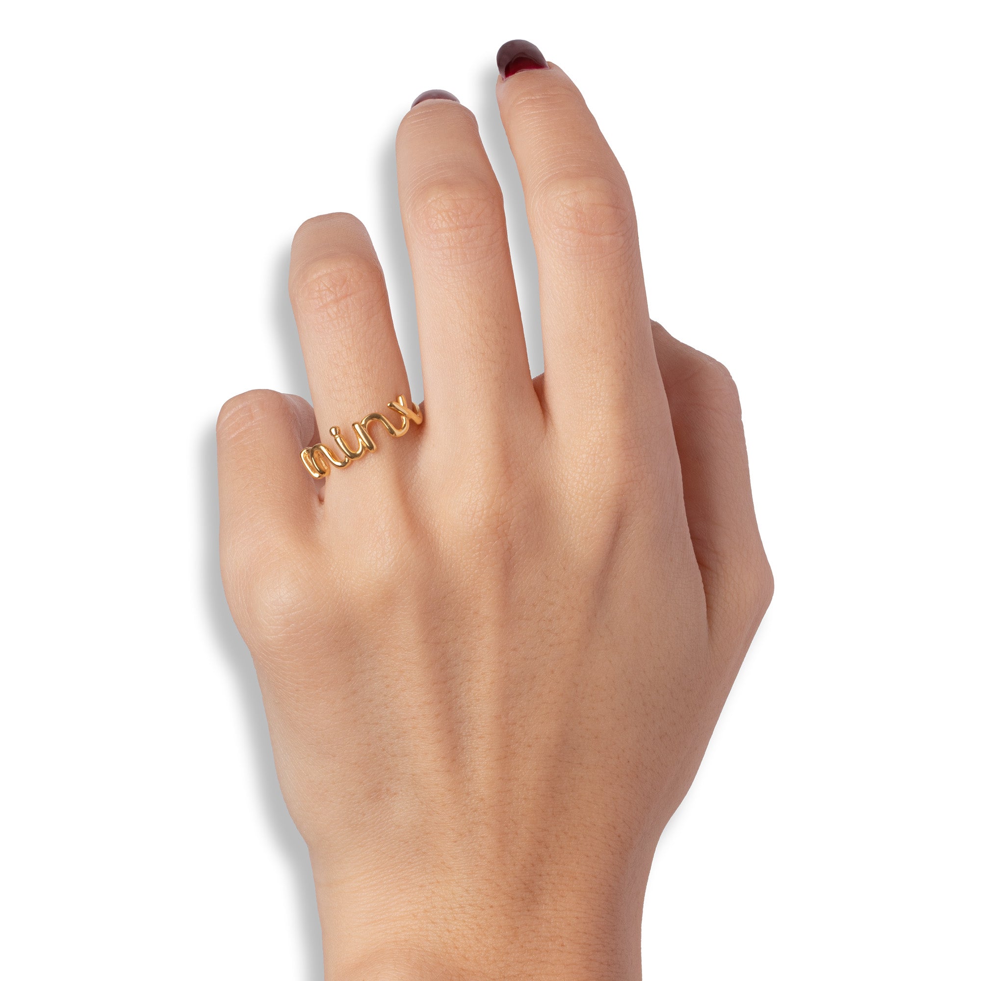 Minx Hotscripts word wire ring by Hotlips by Solange in gold plated silver on model