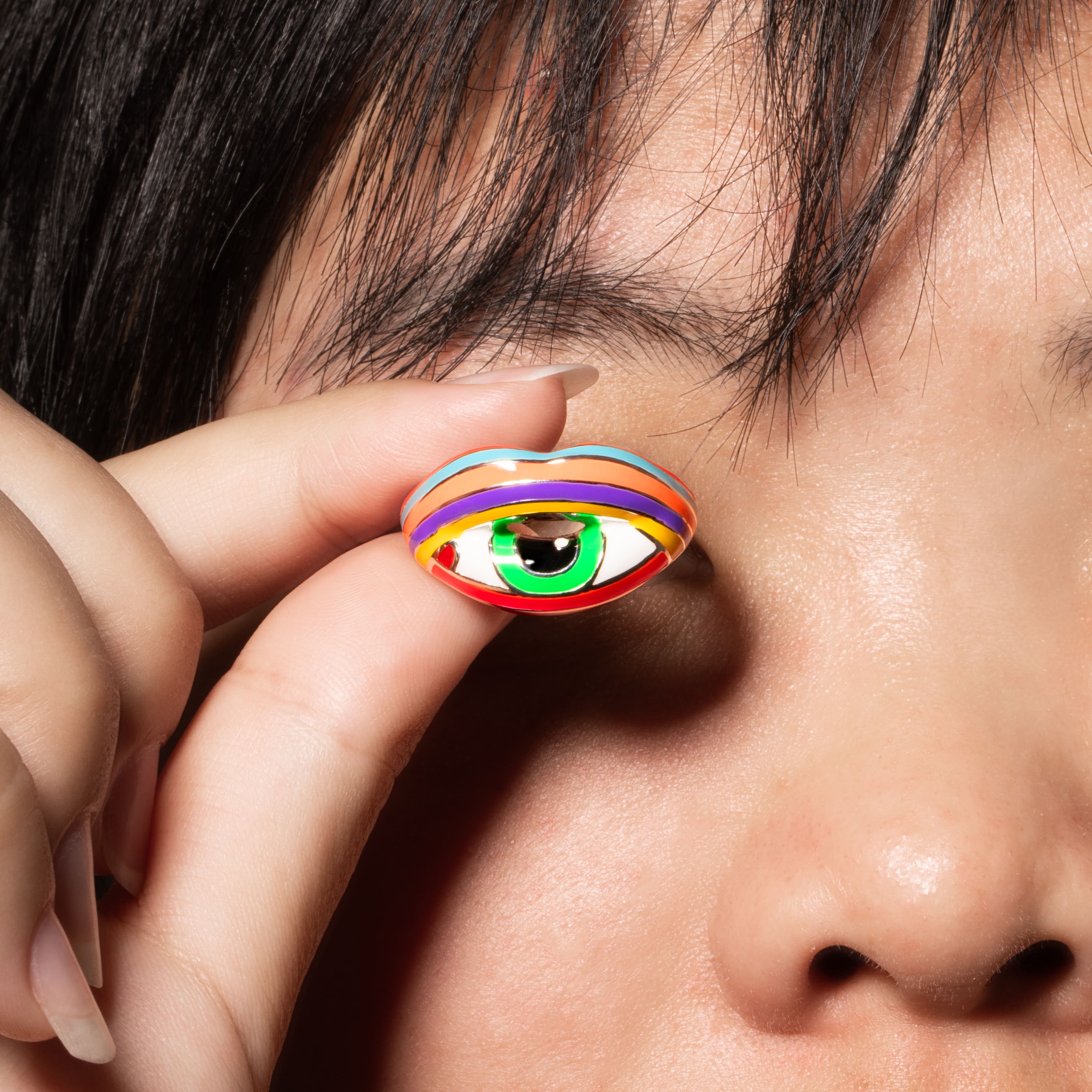 Trompe L'oeil Green Eye Hotlips Ring by Solange front view model