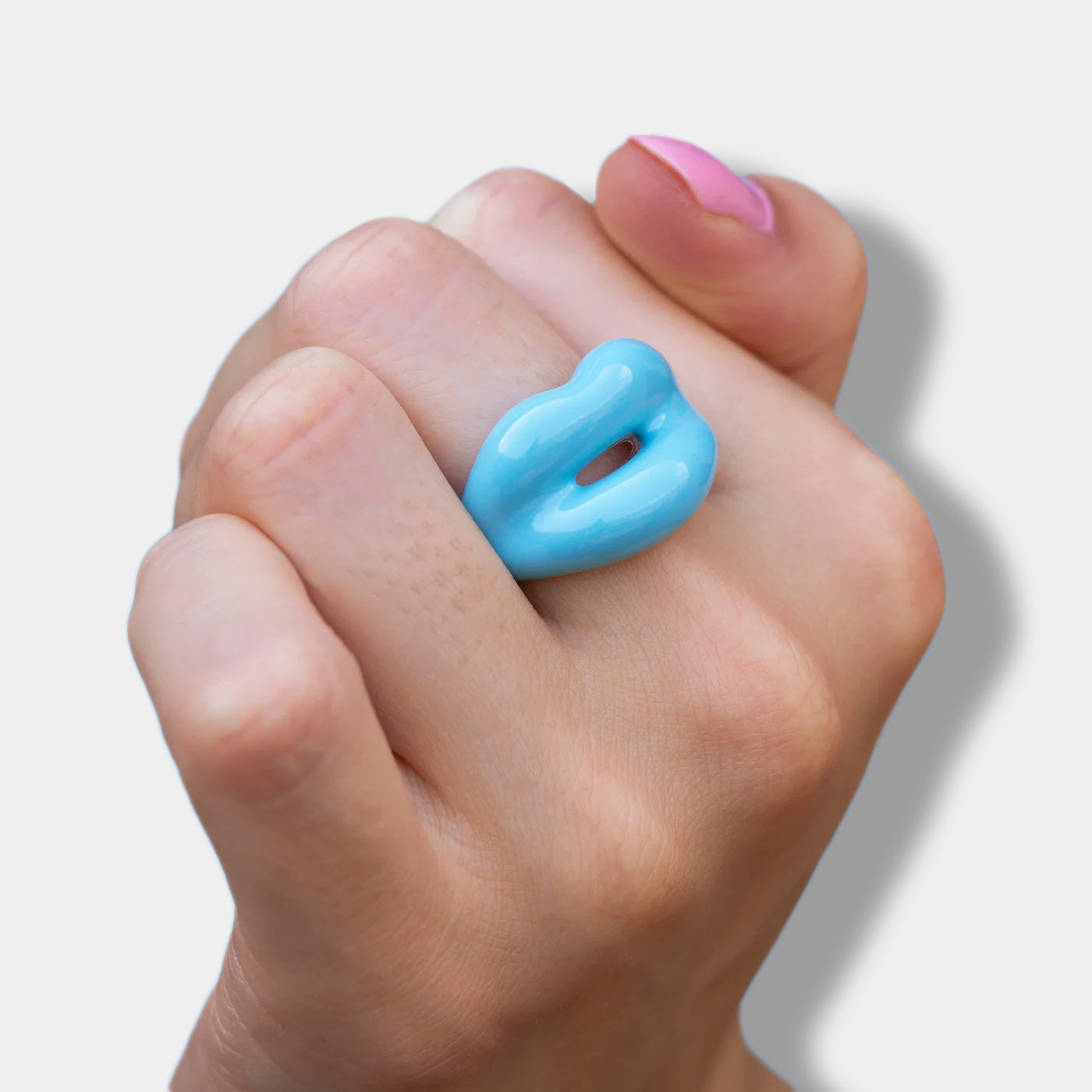 Pastel Blue silver and enamel Hotlips ring on hand