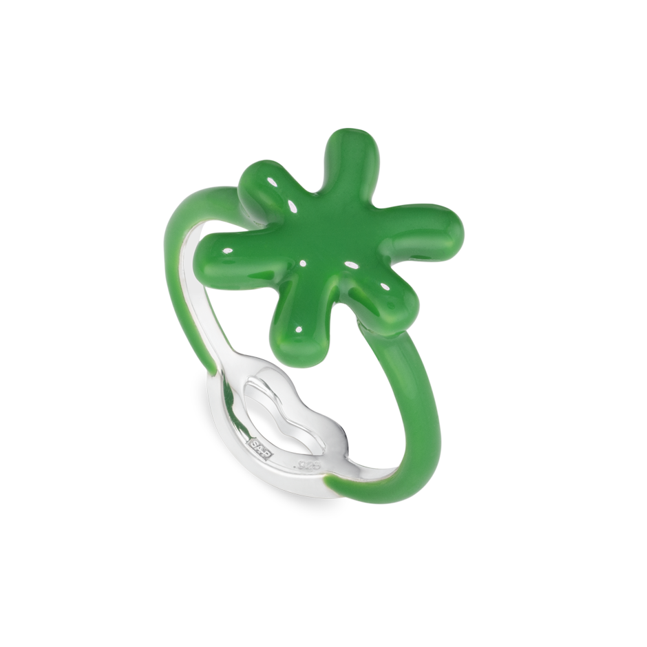 Pisces Zodiac Hotglyph Ring green enamel and silver angled view
