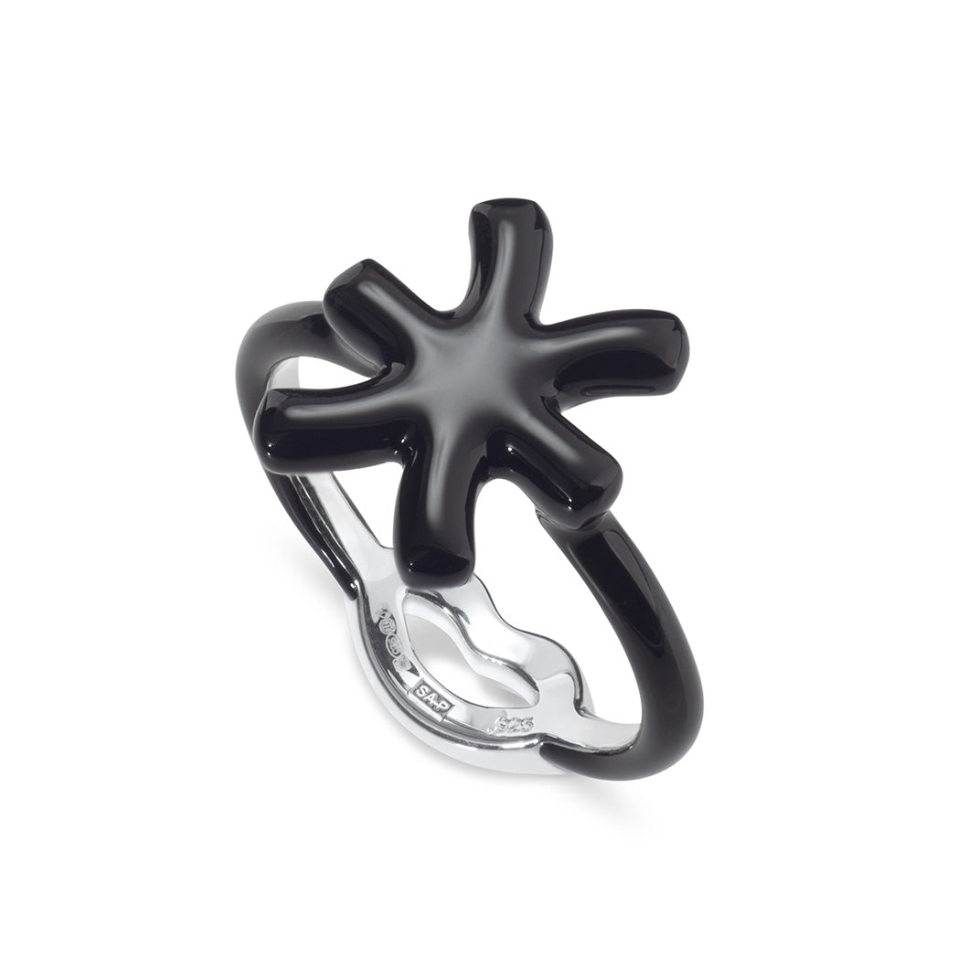 Pisces Zodiac Hotglyph Ring black enamel and silver by Solange Azagury-Partridge angled view