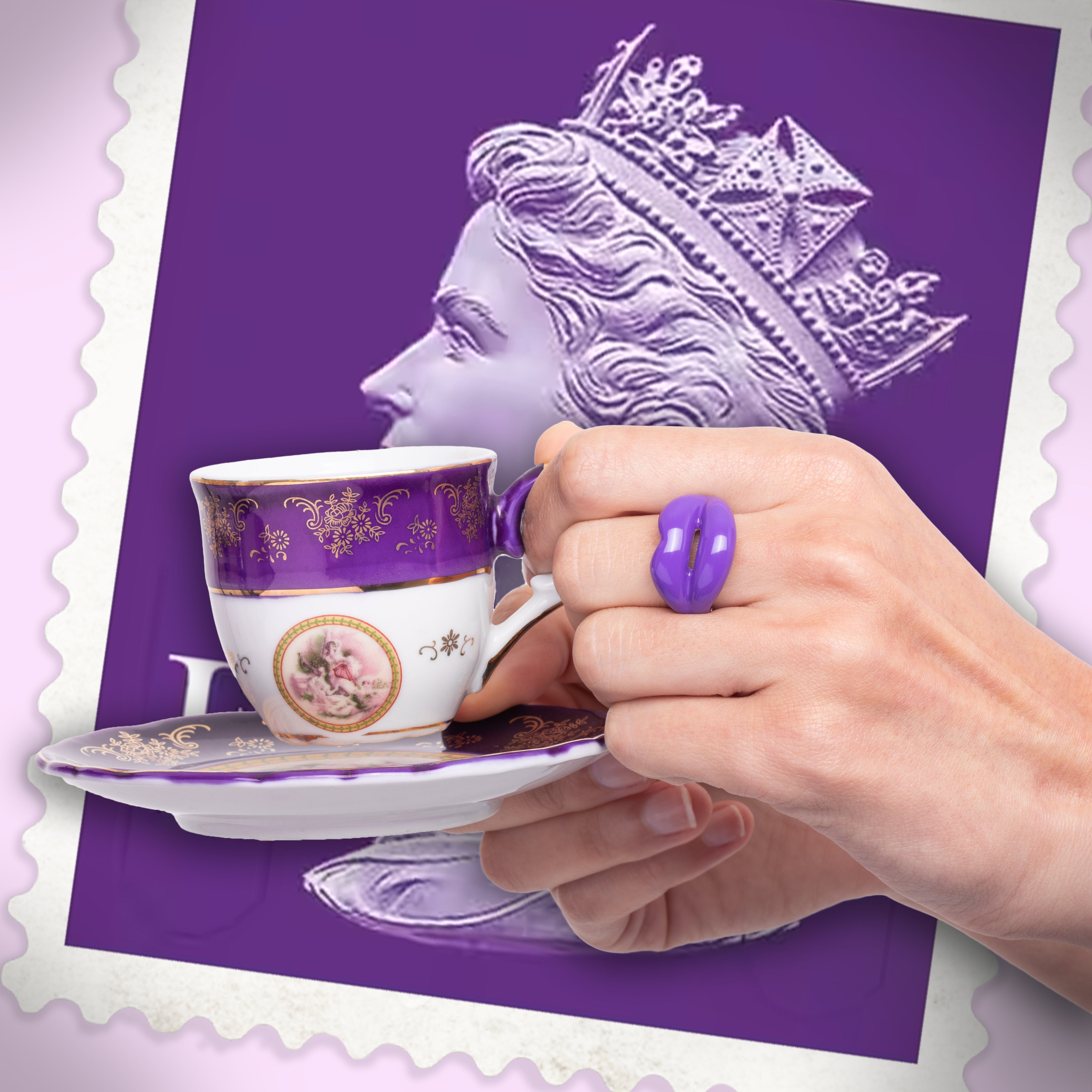 Hotlips By Solange Queen Elizabeth Purple Hotlips Lip shaped silver and Enamel ring front view by Solange Azagury-Partridge on model