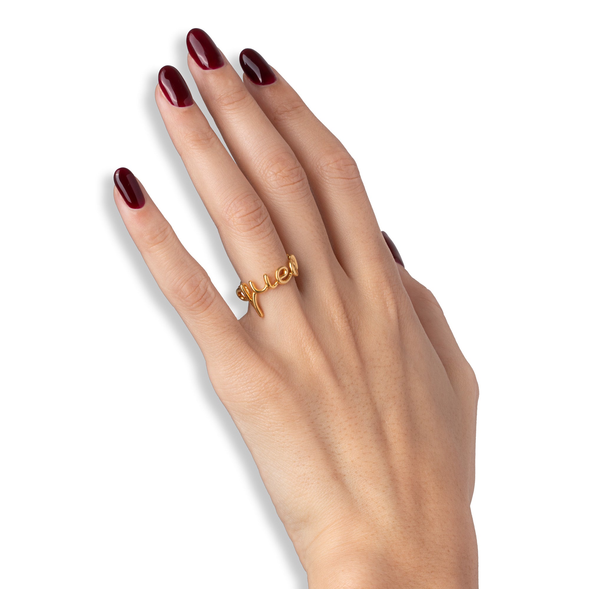 Queen Hotscripts word wire ring by Hotlips by Solange in gold plated silver on model