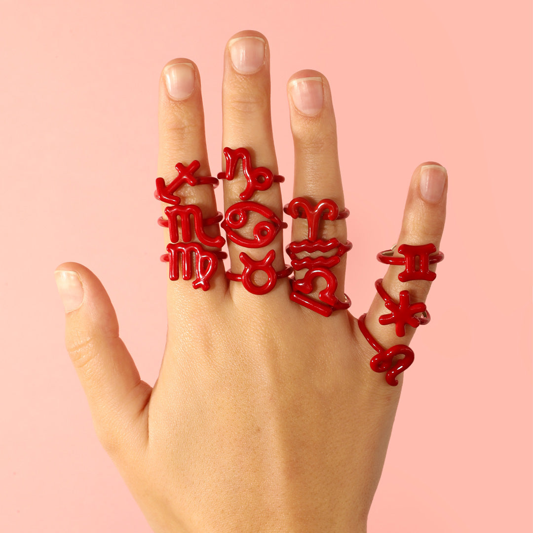 Aquarius Zodiac Hotglyph Ring Classic Red enamel and silver by Solange Azagury-Partridge front view model shot