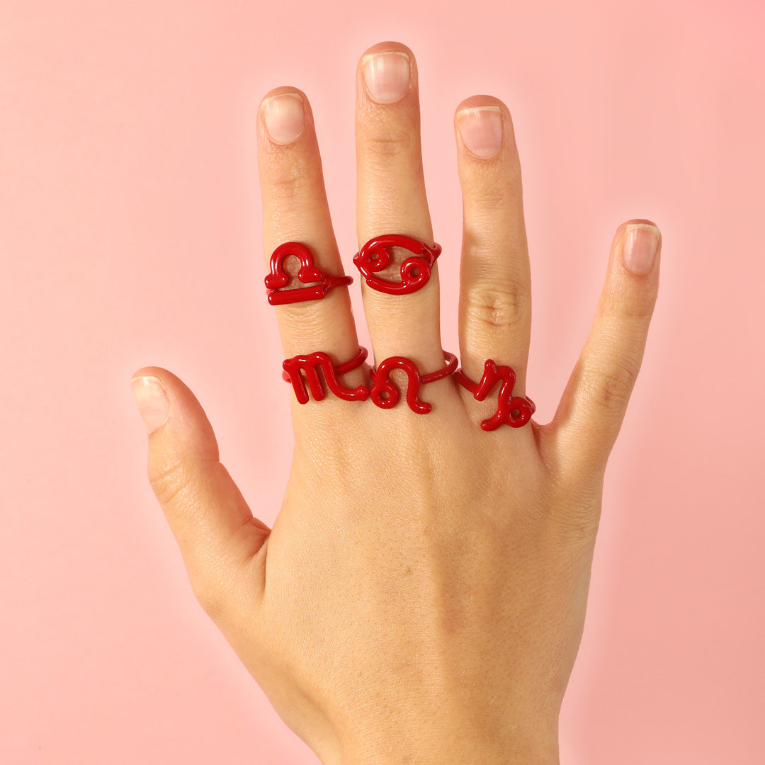 Libra Zodiac Hotglyph Ring Classic Red enamel and silver by Solange Azagury-Partridge front view model shot