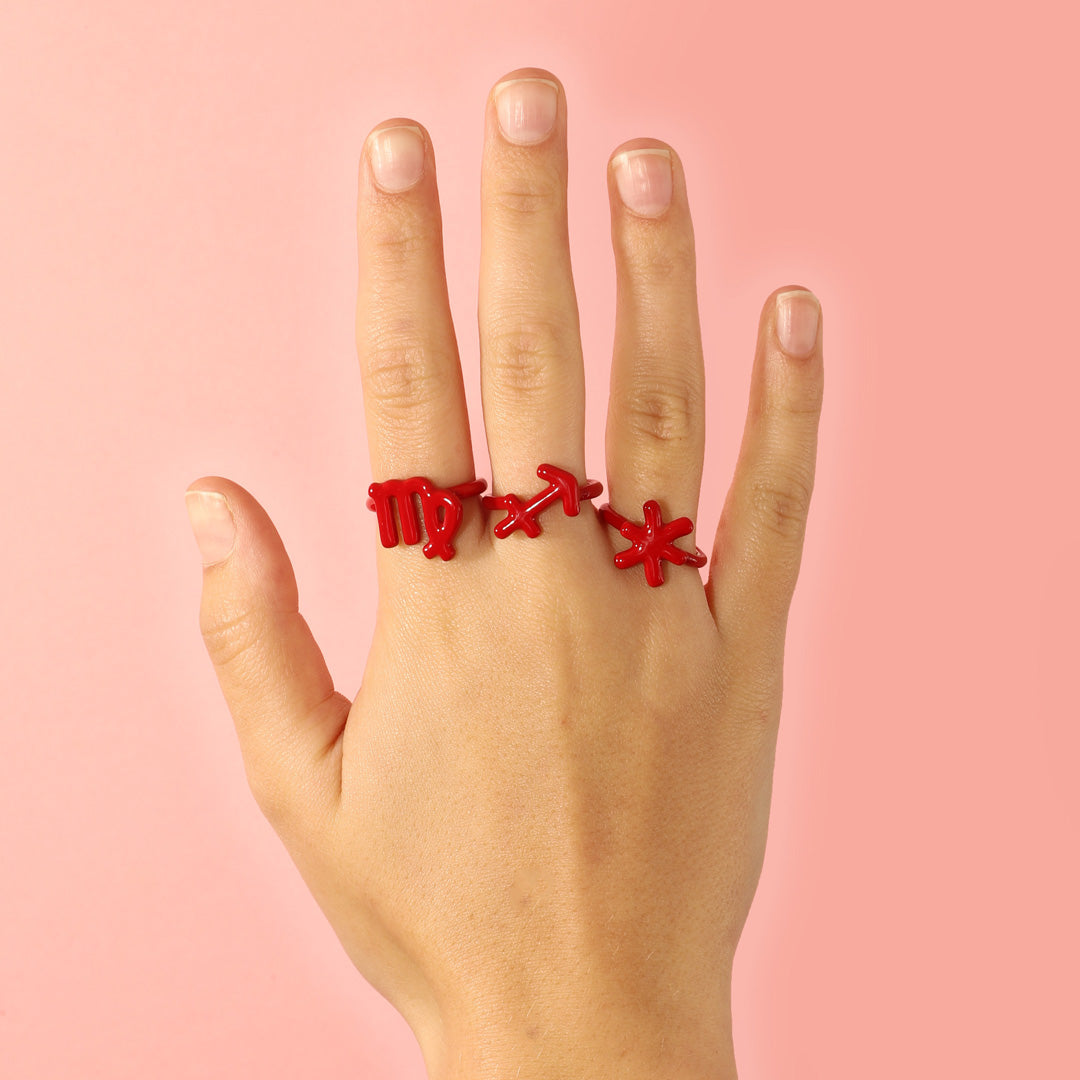 Virgo Zodiac Hotglyph Ring Classic Red enamel and silver by Solange Azagury-Partridge front view model shot