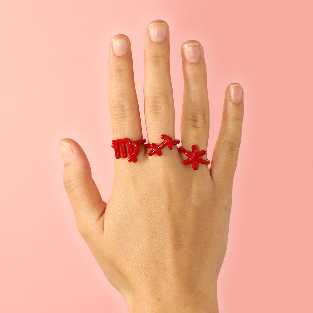 Pisces Zodiac Hotglyph Ring Classic Red enamel and silver by Solange Azagury-Partridge front view model shot