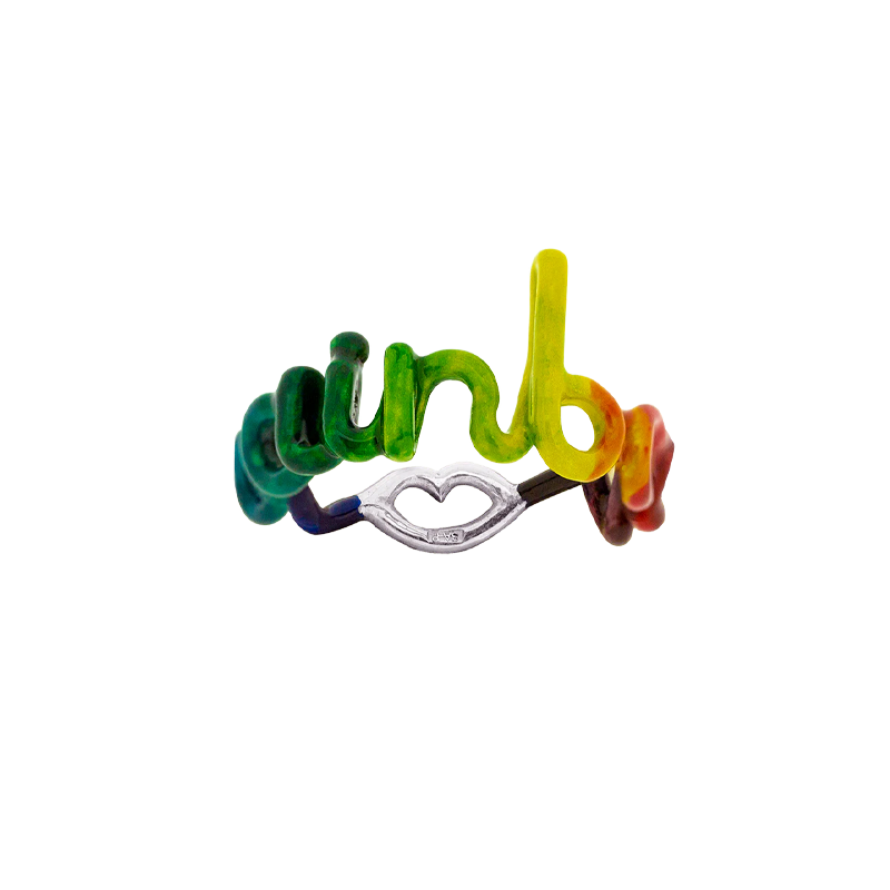 Rainbow Hotscript word ring in multicoloured rainbow enamel front view