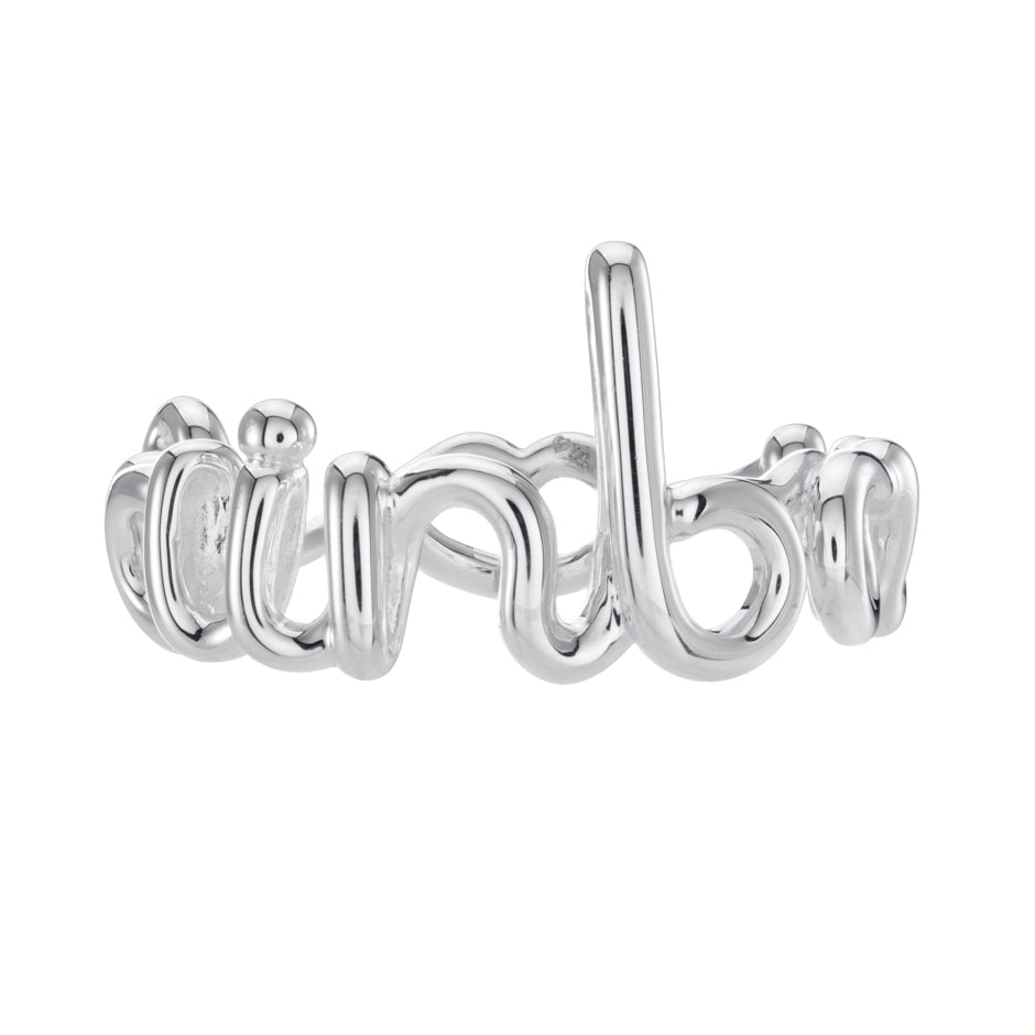 Rainbow Hotscript word ring in silver enamel front view