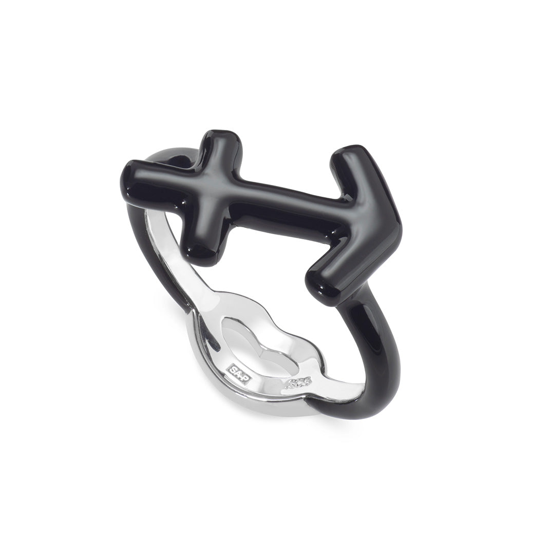 Sagittarius Zodiac Hotglyph Ring black enamel and silver by Solange Azagury-Partridge angledview