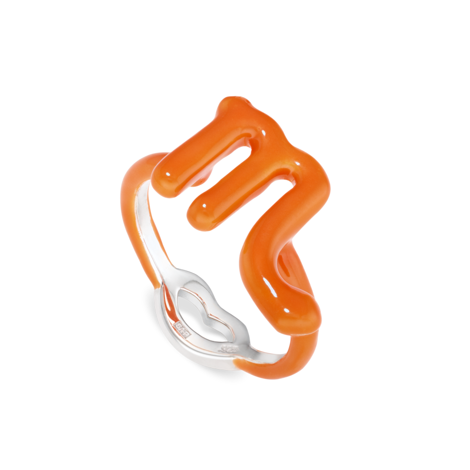 Scorpio Zodiac Hotglyph neon orange enamel and silver by Solange Azagury-Partridge angled view