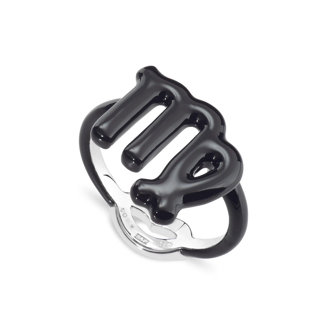Virgo Zodiac Hotglyph Ring black enamel and silver by Solange Azagury-Partridge angled view